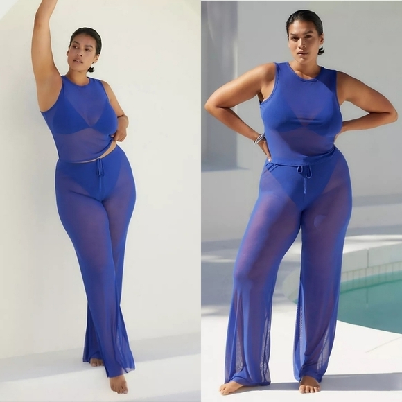 Good American Wide Leg Mesh Coverup Pants in Sheer Blue Size 3x NWT - Picture 1 of 11